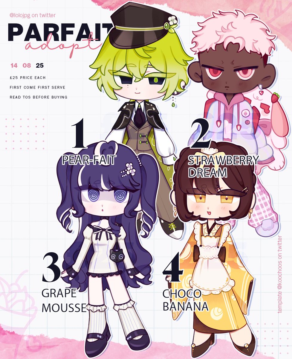 🍦 [RTS APPRECIATED!] 🍦

I was thinking of doing a parfait #adoptable batch this time! They're available on my Kofi for £25 as per usual, and you'll receive the files instantly upon purchase! 💗 ko-fi.com/lolojpg