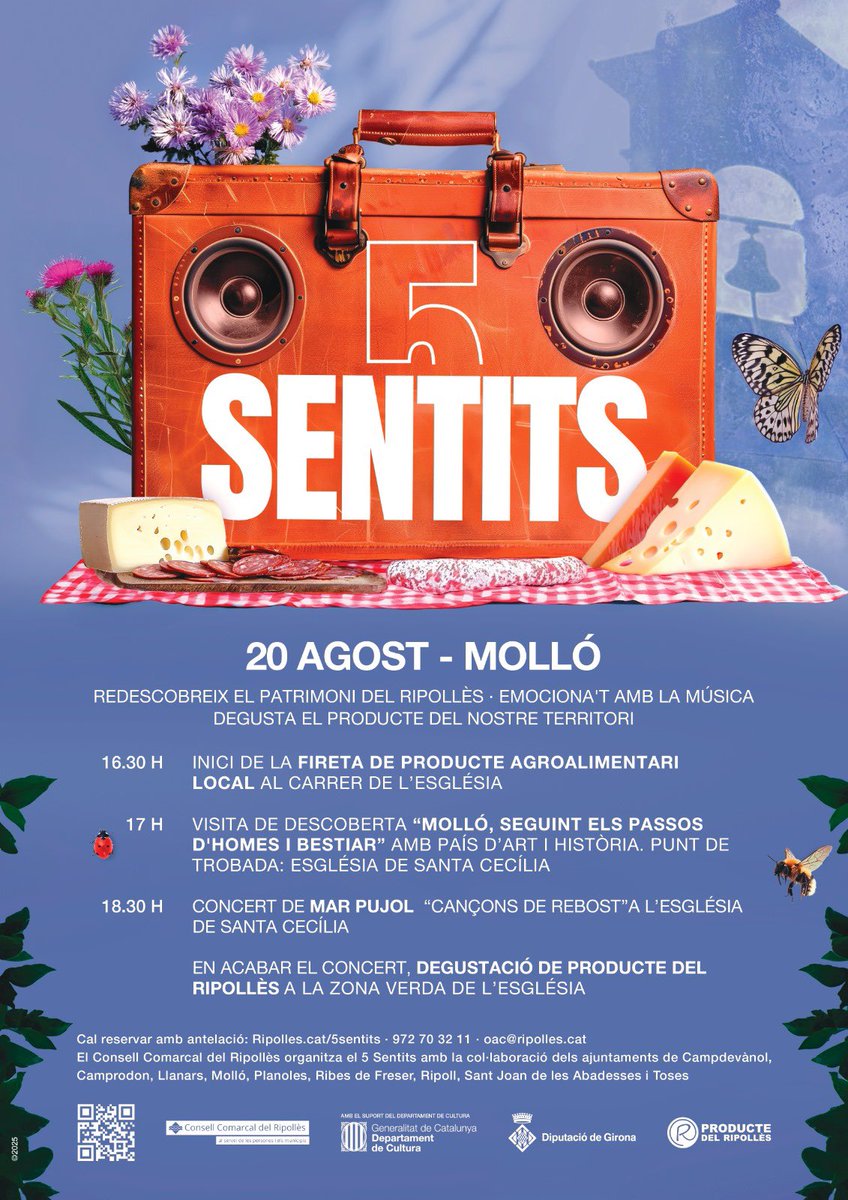 Ajuntament Molló (@ajuntamentmollo) on Twitter photo El dimecres 20 d'agost, a la tarda, es durà a terme a Molló el festival 5 Sentits, organitzat pel Consell Comarcal del Ripollès.
🔴 La participació a les activitats del 5Sentits requereixen inscripció prèvia a 972 70 32 11 o oac@ripolles.cat. El dimecres 20 d'agost, a la tarda, es durà a terme a Molló el festival 5 Sentits, organitzat pel Consell Comarcal del Ripollès.
🔴 La participació a les activitats del 5Sentits requereixen inscripció prèvia a 972 70 32 11 o oac@ripolles.cat.