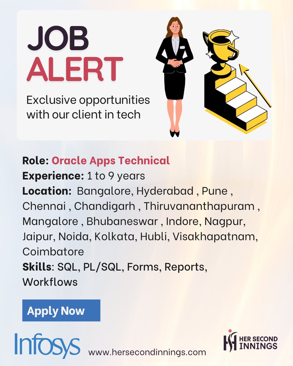 her2nd_innings's tweet image. 💼 Unlock Your Oracle Apps Career!
We’re on the lookout for Oracle Apps Technical professionals with 1–9 years of experience .
Apply now:hersecondinnings.com/careers/?job_i…
#OracleApps #HiringNow #TechJobsIndia #SQL #PLSQL #OracleCareers #ITJobs