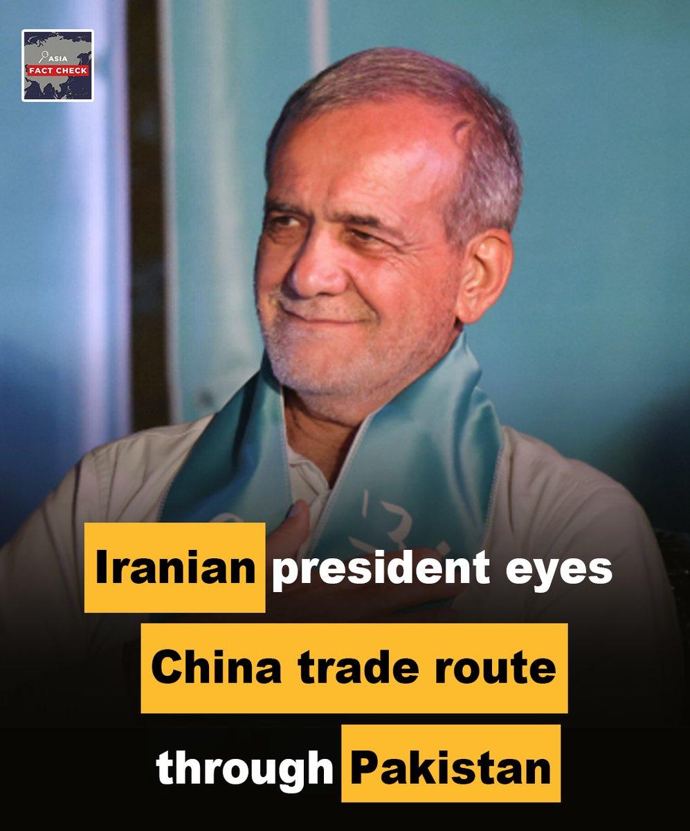 AsiaFactCheck's tweet photo. Iranian President Dr Masoud Pezeshkian recent official visit to Pakistan, aimed to boost trade and regional connectivity with a vision that links Tehran to Beijing via Islamabad. Welcomed in Lahore and accorded full state honours in Islamabad, Pezeshkian underscored the Silk Road as a vital bridge between Iran, Pakistan, and China, with ambitions to raise Pak-Iran trade to $10 billion. Against the backdrop of strategic talks on energy, border security, and commerce, the trip signals Tehran’s push to position Pakistan as its trade gateway to China, and beyond, to Europe.