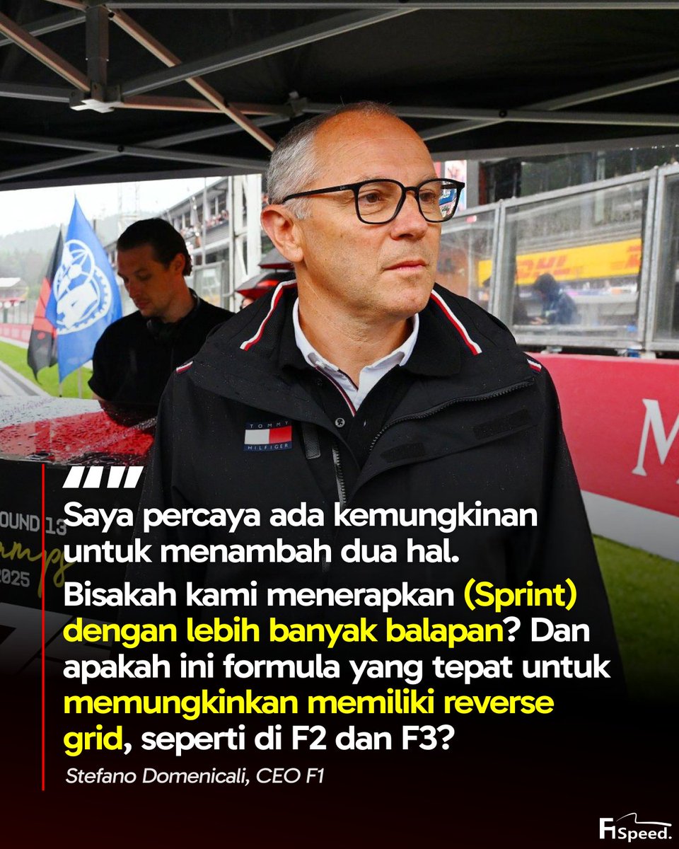 f1speed_indo's tweet photo. 🚨 Lewat wawancaranya bersama The Race, CEO F1, Stefano Domenicali, mengungkapkan rencananya untuk lakukan ekspansi pada format Sprint.

Domenicali punya dua keinginan: menambah lebih banyak Sprint dan menerapkan reverse grid seperti di F2/F3 saat ini supaya balapan lebih menarik.

Meski ia tahu bahwa gagasannya itu pasti mendapat penolakan dari mayoritas fans F1, pria asal Italia ini percaya kalau penolakan tidak akan sekuat ketika awal Sprint diterapkan.

Selain itu Domenicali meyakini kalau masukan dari pembalap & tim cukup terbuka kalau sudah saatnya F1 mencoba sesuatu yang berbeda. Terutama untuk semakin membedakan Sprint dengan balapan utama.