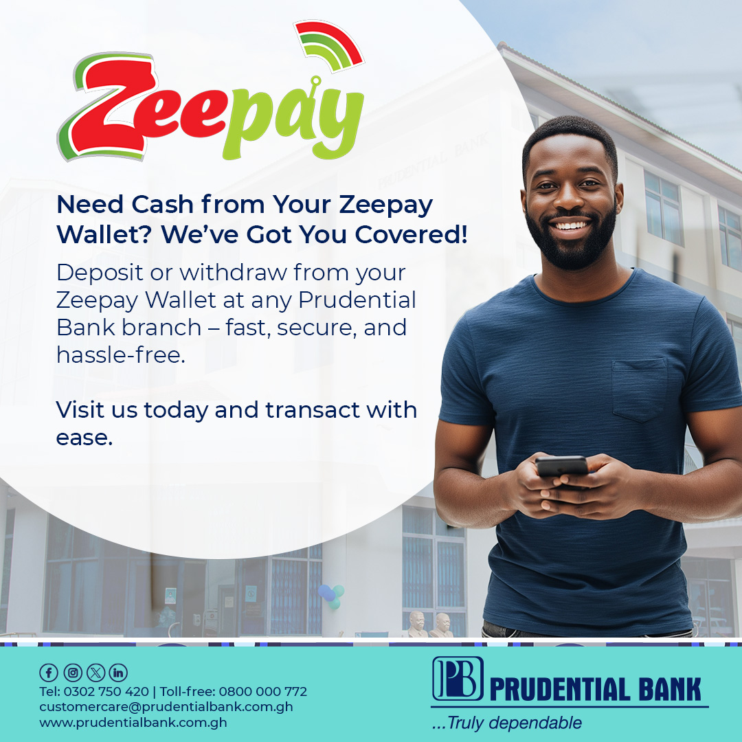 pblghana's tweet photo. Deposit and withdraw money from your Zeepay Wallet at any Prudential Bank branch today! Experience fast, reliable, and hassle-free transactions whenever you need them. 

Simply visit any PBL branch and transact with confidence.