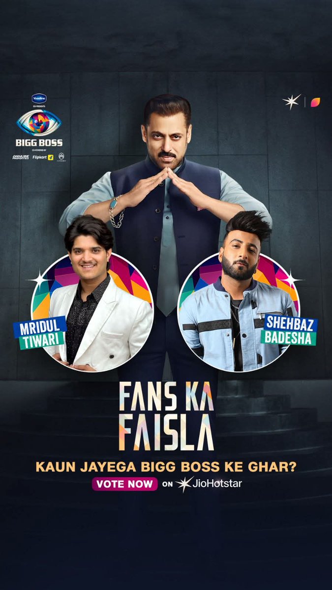 BigBossDynamite's tweet photo. 🚨 Breaking :-
Bigg Boss 19 Democracy  Fans Ka Faisal

Fan will choose 1 contestant for Bigg Boss 19! 👀
Who will enter the house – #ShehbazBadesha  or #MridulTiwari? 🤔

Voting is LIVE on JioHostar – vote now &amp; decide!

#BiggBoss19 #BiggBoss #BB19 https://t.co/kncNNaDEGZ