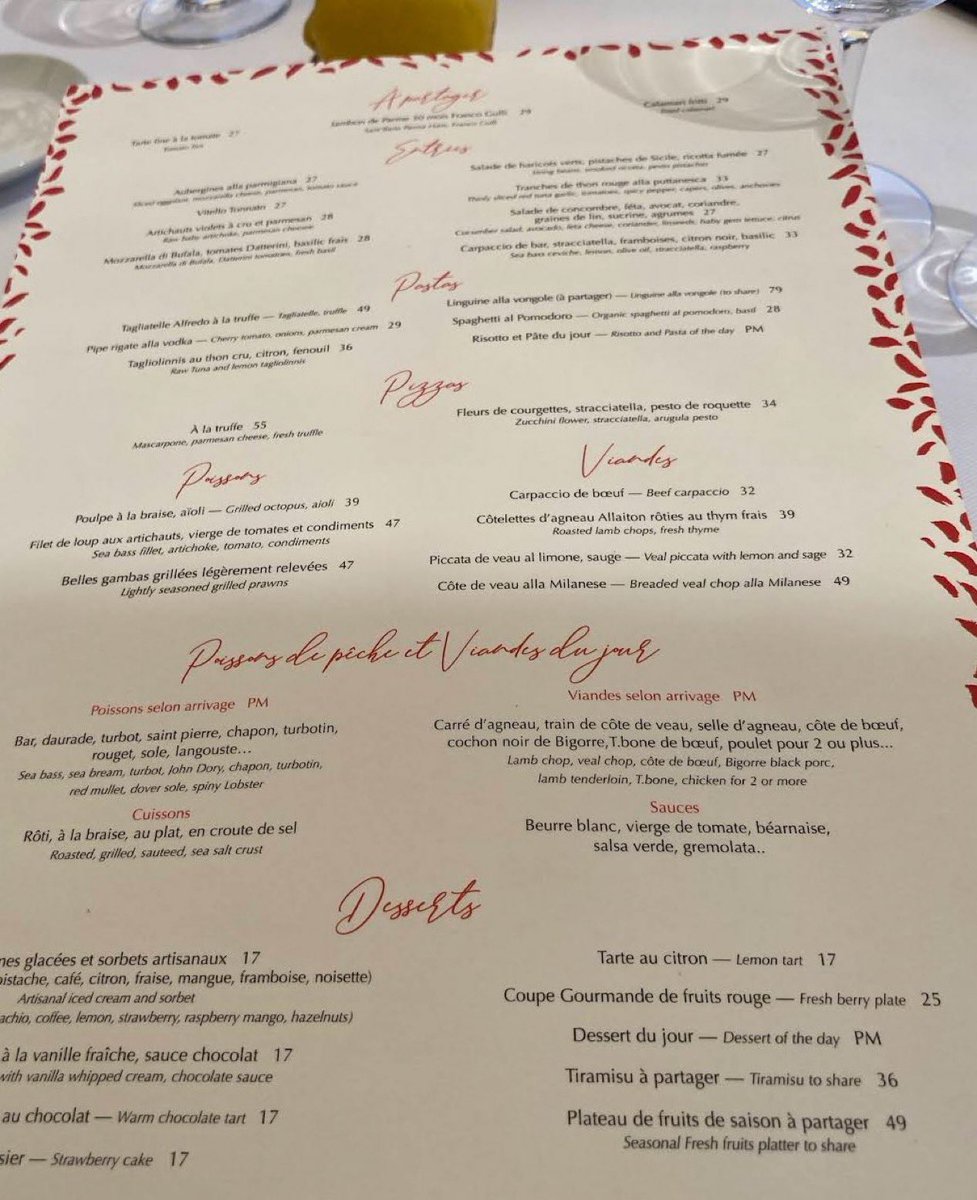 🇫🇷🍽️ "Après, ils vont aller pleurer chez BFM"

• 36 € le tiramisu
• 49 € le plateau de fruits
• 17 € la tarte au citron
• 49 € les tagliatelles
• 55 € la pizza
• 33 € une entrée

La carte d’un restaurant à Menton fait polémique.

Les Français ont-ils raison de bouder