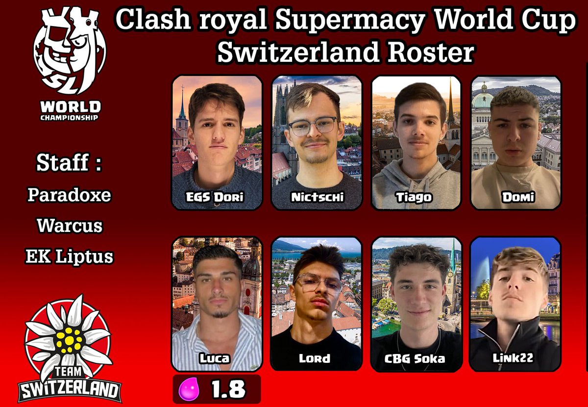 Here is our roster for the <a href="/CR_Supremacy/">Supremacy League</a> world Cup 2025 !

🧳 <a href="/ParadoxeCR/">Paradoxe⛩️</a> 

👤 <a href="/ArkDorian/">Dori</a> 
👤 <a href="/nictschi17/">Nictschi</a> 
👤 <a href="/Tiago_CR_OP/">Tiago/Ank 2.0</a> 
👤 <a href="/DomiVSFreewin/">Domi VS Freewin</a> 
👤 @LucalsGod_Tm
👤 <a href="/Lord_Suisse/">Lord</a> 
👤 <a href="/CbgSoka/">CBGSoka</a> 
👤 <a href="/cr_link22/">Link22 CR</a>