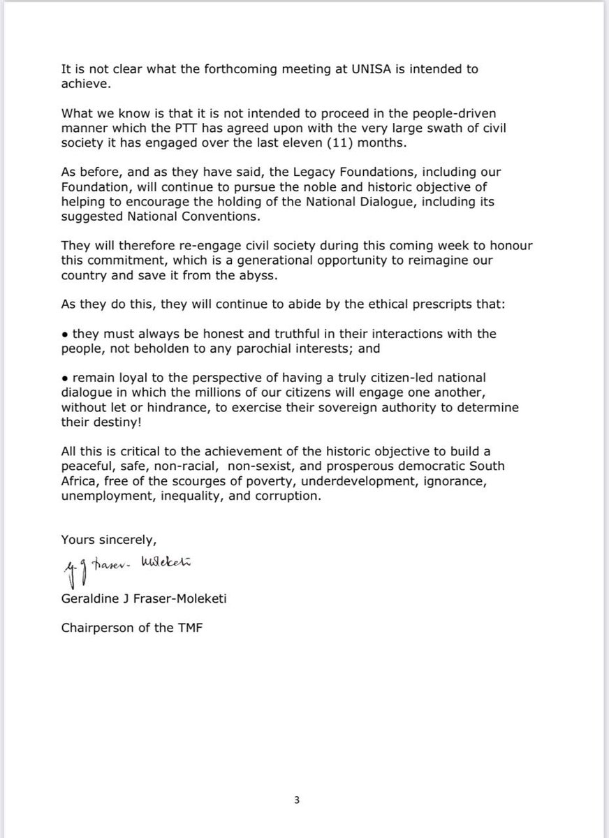 Thabo Mbeki Foundation (@tmfoundation_) on Twitter photo The Chairperson of the Thabo Mbeki Foundation <a href="/GJFras/">Geraldine J Moleketi</a> clarified that the meeting on 15โ16 August at UNISA is not the first national convention of the National Dialogue in a letter to Mr. Makhukhu Mampuru, NEDLAC Executive Director.
#NationalDialogueZA The Chairperson of the Thabo Mbeki Foundation <a href="/GJFras/">Geraldine J Moleketi</a> clarified that the meeting on 15โ16 August at UNISA is not the first national convention of the National Dialogue in a letter to Mr. Makhukhu Mampuru, NEDLAC Executive Director.
#NationalDialogueZA