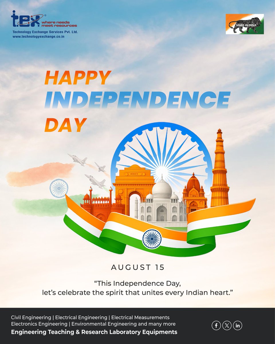 Tex_Technology's tweet image. On this Independence Day, let’s honor the bravery of our heroes, the sacrifices of the unsung, and the dreams that built our nation. Let’s rise not just as proud Indians, but as responsible citizens shaping tomorrow.
Happy Independence Day! #independenceday2025 #IndianSpirit #TEX