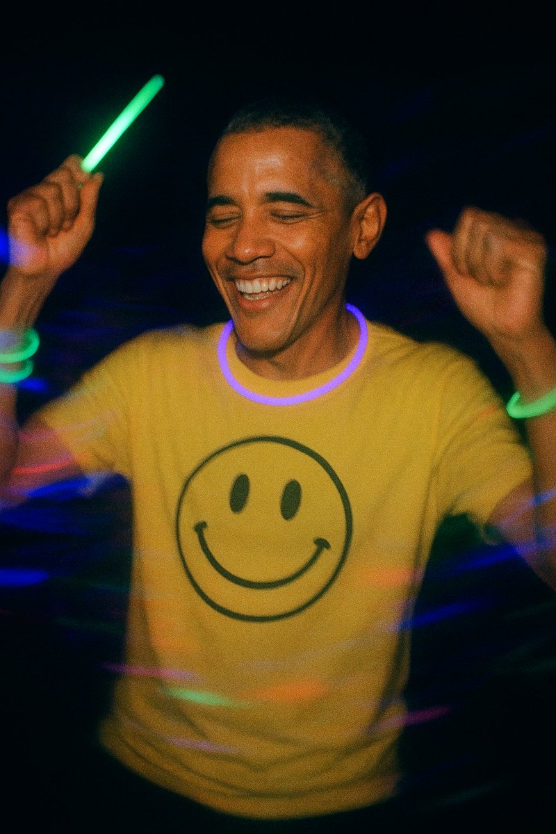roughcutsfolder's tweet photo. #promptshare Generate image: Barack Obama dancing, wearing smiley t shirt, 90s rave, glow sticks, dark background, motion blur #ChatGPT5 https://t.co/Xtsiuh35Mn