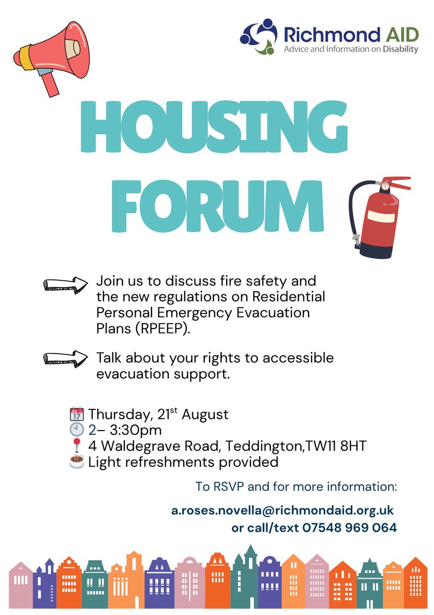 Evacuation laws are going backwards, leaving Disabled people trapped and in danger. 

Our lives are NOT expendable.

Join our Housing Forum on 21st August, 2-3:30pm, to discuss the new regulations.
📧RSVP: a.roses.novella@richmondaid.org.uk

#DisabilityRights #PEEPs