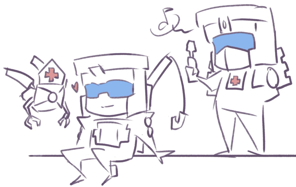 SG Scrapper and Hook (and Scrappy the smol bot, idk kinda their son now. I named him haha)

Scrapper cares a lot about his patients. He is also VERY patient.

Hook also cares! BUT! Please stop hitting on his husband with any 'Angel' related pick-up lines. He gets VERY jealous.