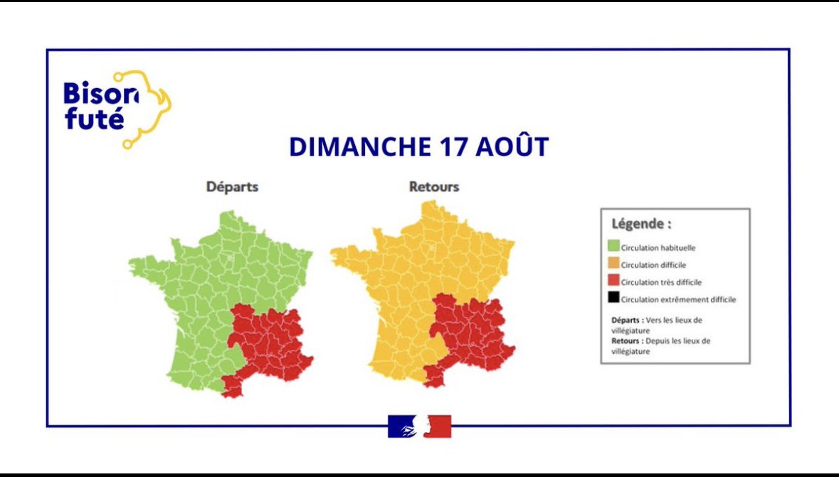 Préfet d'Occitanie et de la Haute-Garonne (@prefetoccitanie) on Twitter photo #SécuritéRoutière | 🛣️Prudence sur les routes à l'occasion du week-end du #15août !
<a href="/BisonFute_MT/">Bison Futé</a> annonce un trafic en #HauteGaronne :
🟠 difficile ce jeudi 14 dans le sens des départs
🟢 habituelle vendredi 15 août
🔴 très difficile samedi 16 dans le sens des retours #SécuritéRoutière | 🛣️Prudence sur les routes à l'occasion du week-end du #15août !
<a href="/BisonFute_MT/">Bison Futé</a> annonce un trafic en #HauteGaronne :
🟠 difficile ce jeudi 14 dans le sens des départs
🟢 habituelle vendredi 15 août
🔴 très difficile samedi 16 dans le sens des retours