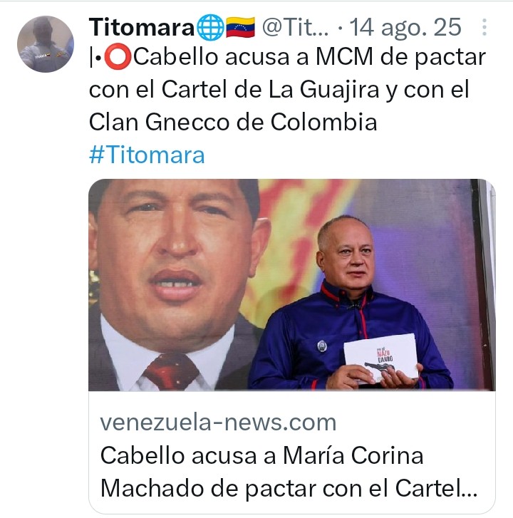 ⭕||• La noticia hoy #14Ago
De acuerdo con Cabello, el acuerdo incluye entregar el Zulia como puerto de narcotráfico. A cambio, estas organizaciones la ayudarían a llegar al poder en Venezuela.