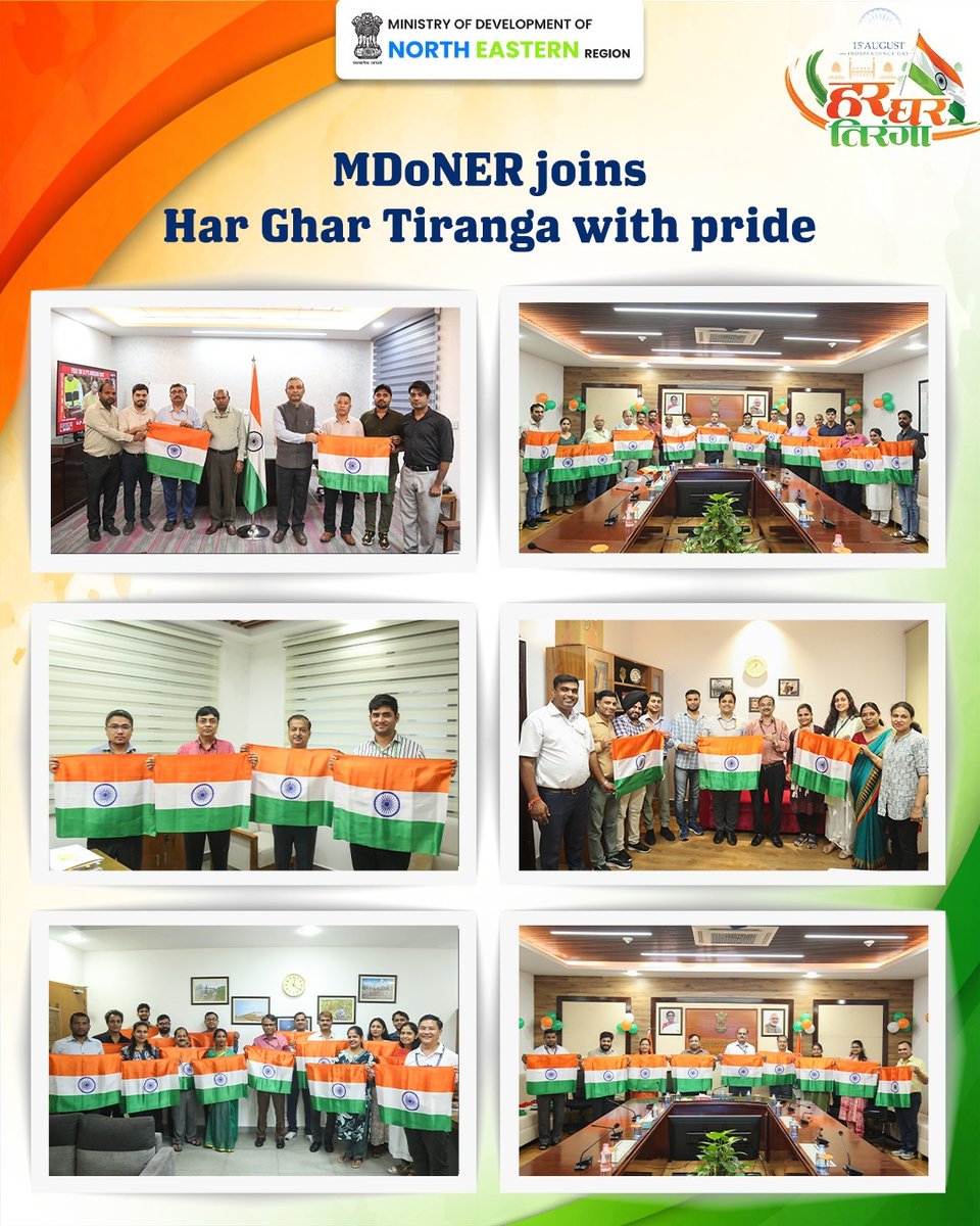 MDoNER_India's tweet photo. The Har Ghar Tiranga Campaign was celebrated at the Ministry of Development of North Eastern Region at the Jodhpur Officers Hostel premises in New Delhi. It brought together officials and staff in a spirited show of unity and pride.

#MDoNERIndia #HarGharTiranga2025 https://t.co/F7c7A1tNEp