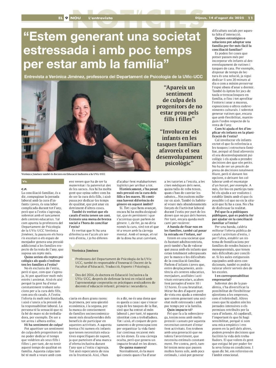 Conciliació familiar a l'estiu (bé, i a la resta de l'any) a <a href="/el9nou/">El 9 Nou</a> . L'entrevista amb la Carla Pérez va ser molt agradable. Gràcies per comptar amb el Departament de Psicologia de la <a href="/UVic_FETEP/">FETEP - UVic</a>