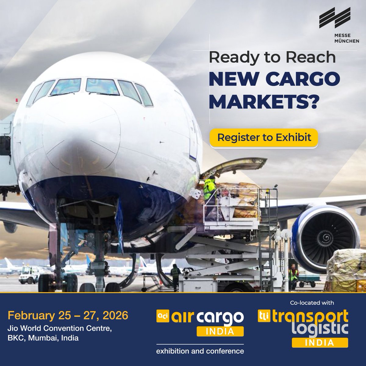 Expand your footprint in one of the world’s fastest-growing air cargo hubs.

air cargo India 2026 is your gateway to tap into fresh cargo markets across the world.

Register to Exhibit - shorturl.at/80AJr