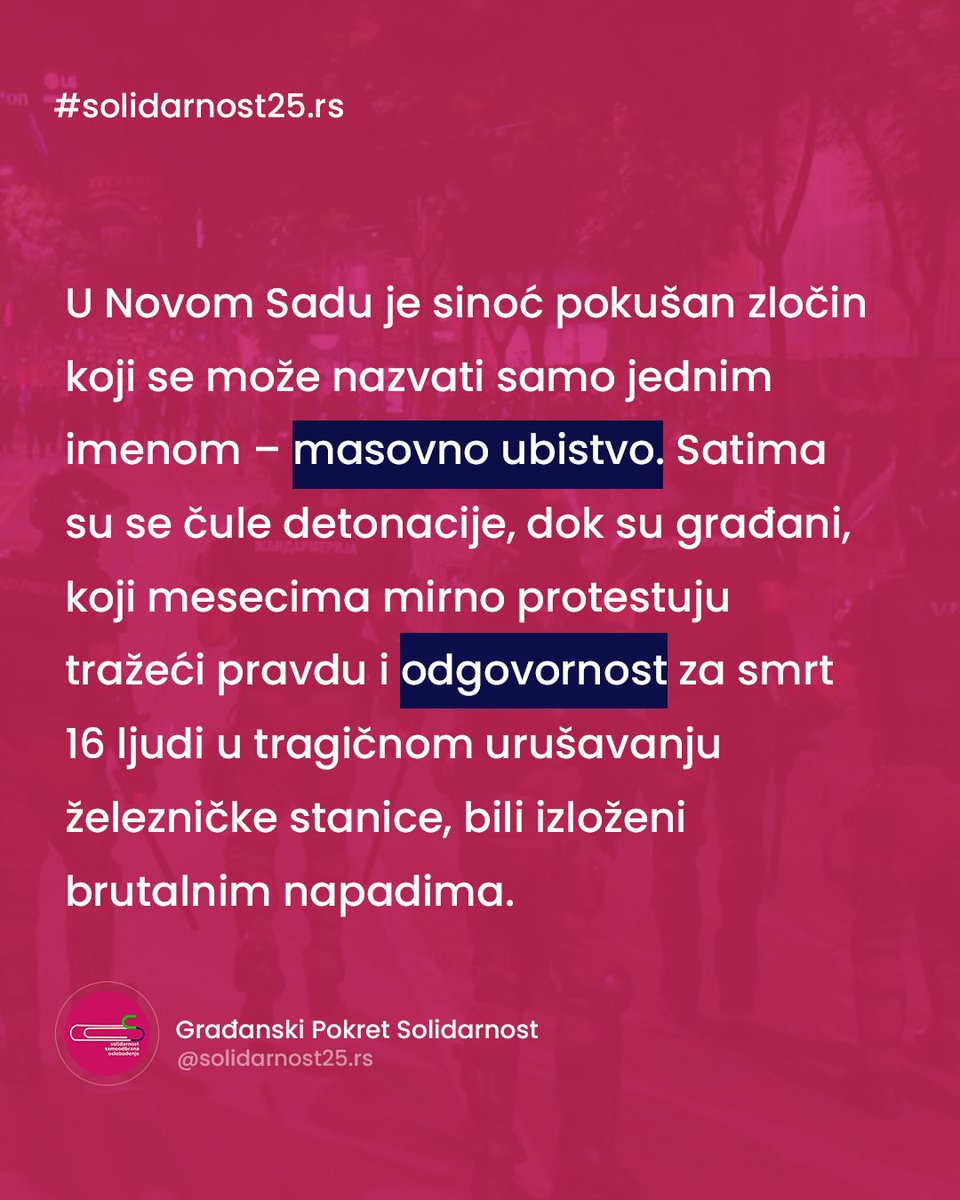 solidarnost25's tweet photo. Noćas su ulice naše zemlje, od Novog Sada do Niša, od Kragujevca do Beograda, odjekivale glasovima građana koji više ne mogu i neće da trpe kriminal, korupciju i tiraniju ove vlasti!
Ceo tekst dostupan na sajtu: https://t.co/Jpw3lV4Ytl
#solidarnost #politika #protesti #jesic https://t.co/kkS1e5KTg1