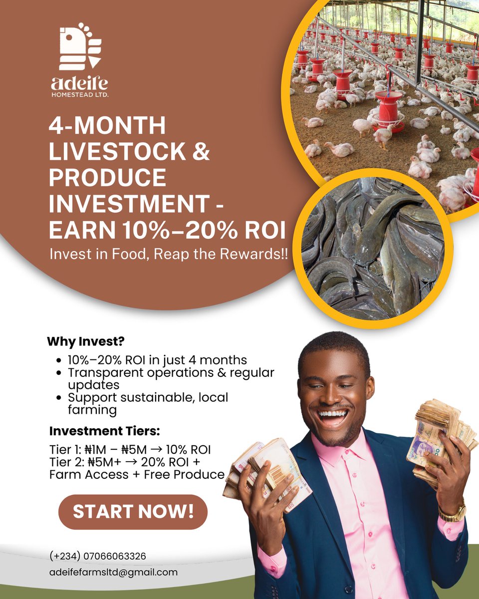 adeifefarm's tweet photo. 🌿 Invest in Adeife Farm — grow food, grow wealth! 🌿
Earn 10–20% ROI in 4 months with snails, chickens, catfish, veggies, maize etc.
Support farming. Earn profits. 💰
👉 Choose your tier, sign up, watch it grow!#adeifefarm #agricultureinvestment #sustainablefarming #farmtoprofit https://t.co/20JRu3T7JD