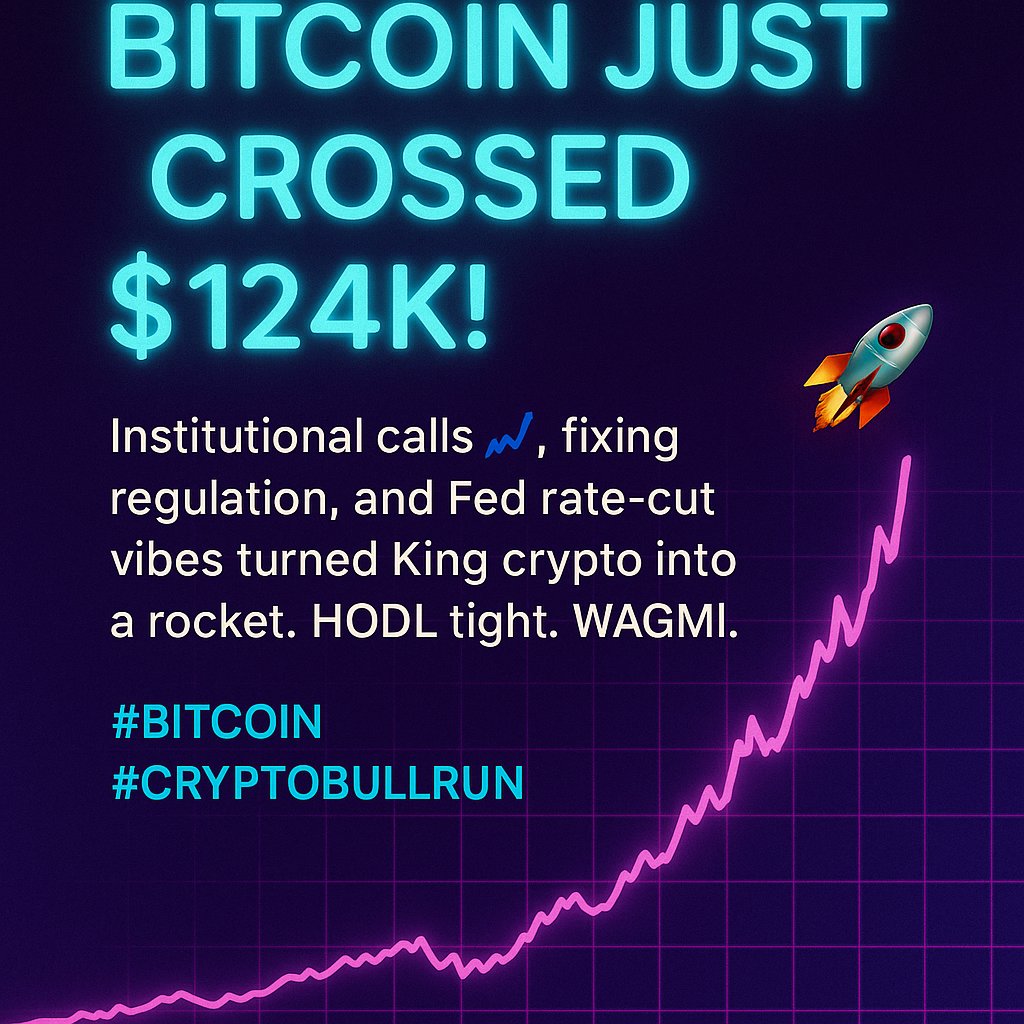Quemaronsio's tweet photo. Bitcoin just crossed $124K! Institutional calls 📈, fixing regulation, and Fed rate-cut vibes turned King crypto into a rocket. HODL tight. WAGMI. 🚀 #Bitcoin #CryptoBullRun https://t.co/nwvRMtwqga