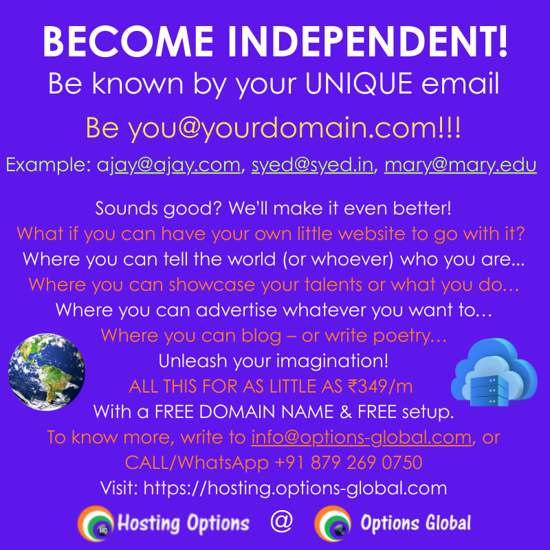 HostingOption's tweet photo. #Independence #offer
What if your #email address read you@yourdomain.com? Go on, be independent and show off to the world who you really are!!!
This Never-Before offer comes with a FREE #Domain name/setup &amp; is available for a short period only.
Call/WhatsApp +91 879 269 0750 https://t.co/OQSlgOsUCA