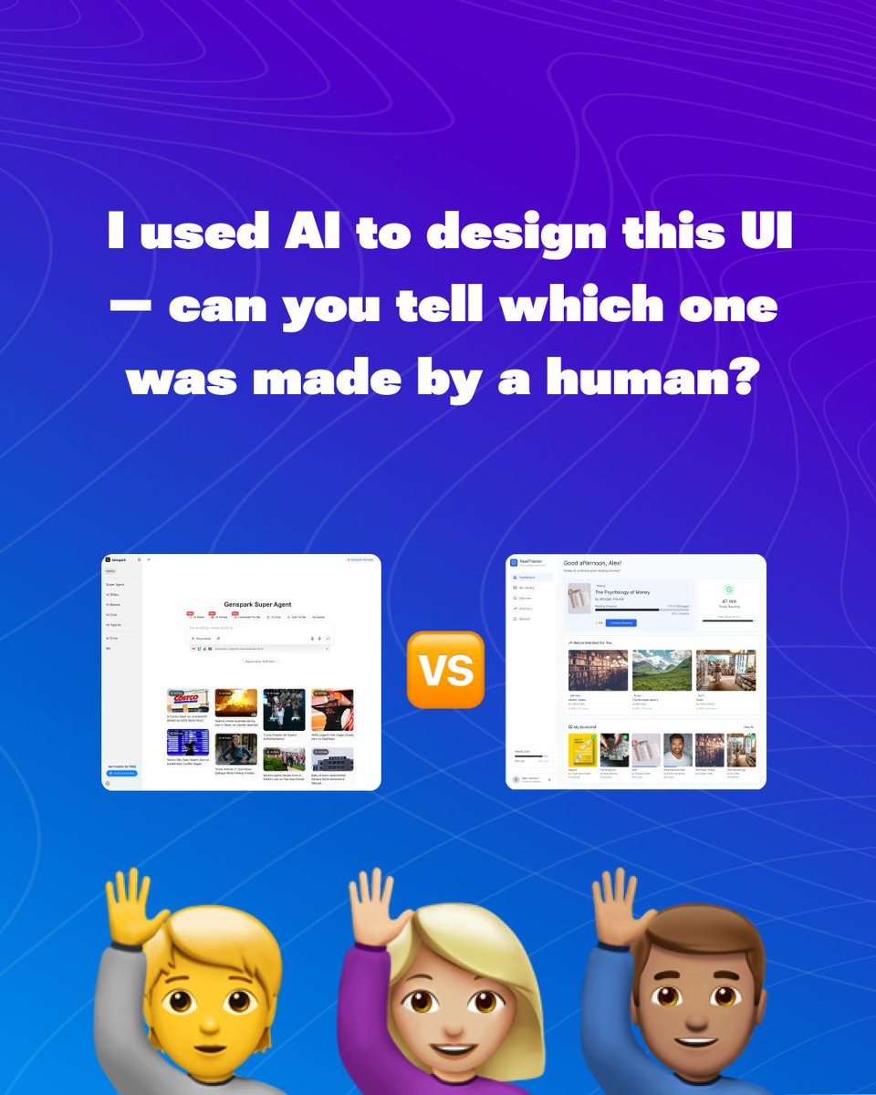 ixxu164416's tweet photo. 🎨 Which one’s made by AI? 🤖 vs 👩‍🎨
Drop your guess 👇 The answer’s in the comments.
#AI #UIDesign #DesignChallenge #AIvsHuman #Figma #UX #UIdraft https://t.co/0WBUpsvxp1