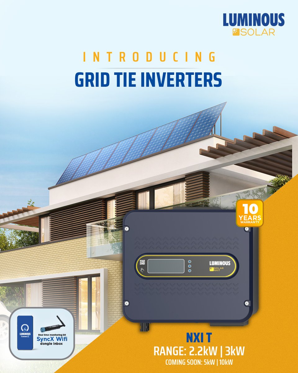 myluminous's tweet image. Introducing NXI T: Grid Tie Inverters

Experience the future of home power.  
Available in 2.2kW and 3kW with a 10 years warranty.

#LuminousSolar #SolarPower #CleanEnergy  #ReliablePower