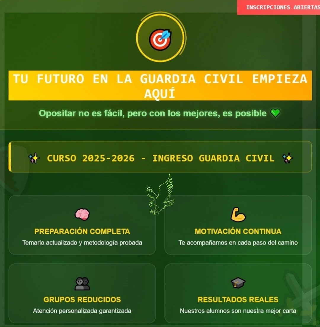 CEDEVEF1's tweet photo. 🎯TU FUTURO EN LA 
GUARDIA CIVIL EMPIEZA AQUÍ🎯

💚CURSO 2025-2026💚
📚Temario actualizado
🏃🏻‍♀️Preparación física
💪🏻 Atención personalizada
🦅Material exclusivo
💻plataforma online 24/7

🦅 PLAZAS LIMITADAS 
       ➡️ ¡Inscríbete ya!
📞 697 286 336
🌐 https://t.co/U3mSFjYBZq https://t.co/g4B7ffDCLD