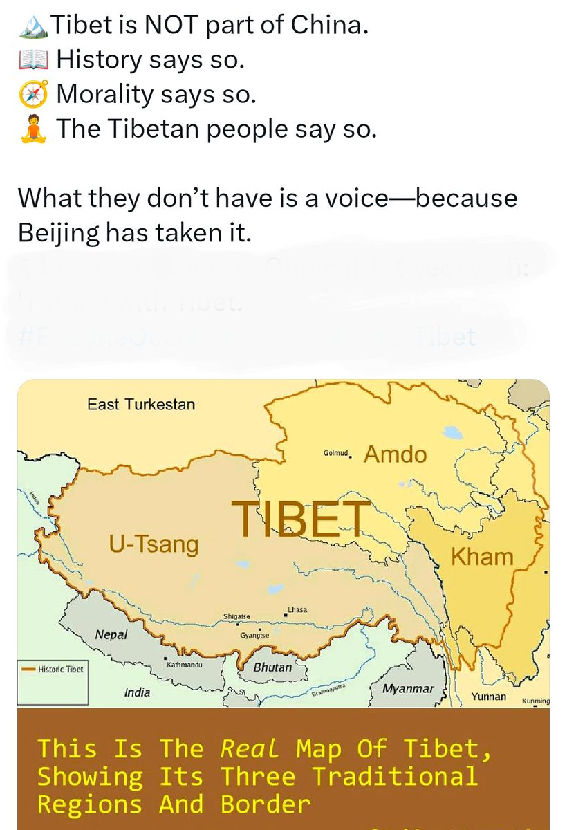 བོད་ལྗོངས་ནི་ཀྲུང་གོའི་ཆ་ཤས་ཤིག་མིན།
📖 ལོ་རྒྱུས་ནི་འདི་ལྟར་བཤད་པ་ཡིན།
🧭 ཀུན་སྤྱོད་ནི་འདི་ལྟར་བཤད་པ་ཡིན།
🧘 བོད་རིགས་མི་དམངས་ཀྱིས་དེ་ལྟར་བཤད་པ་རེད།

ཁོ་ཚོར་སྐད་ཆ་བཤད་དབང་མེད་པའི་རྒྱུ་མཚན་ནི་པེ་ཅིན་གྱིས་སྐད་ཆ་བཤད་དབང་འཕྲོག་སོང།
<a href="/jenniferzeng97/">Inconvenient Truths by Jennifer Zeng</a> <a href="/NikkiHaley/">Nikki Haley</a> 
#TibetBelongsToTibetans