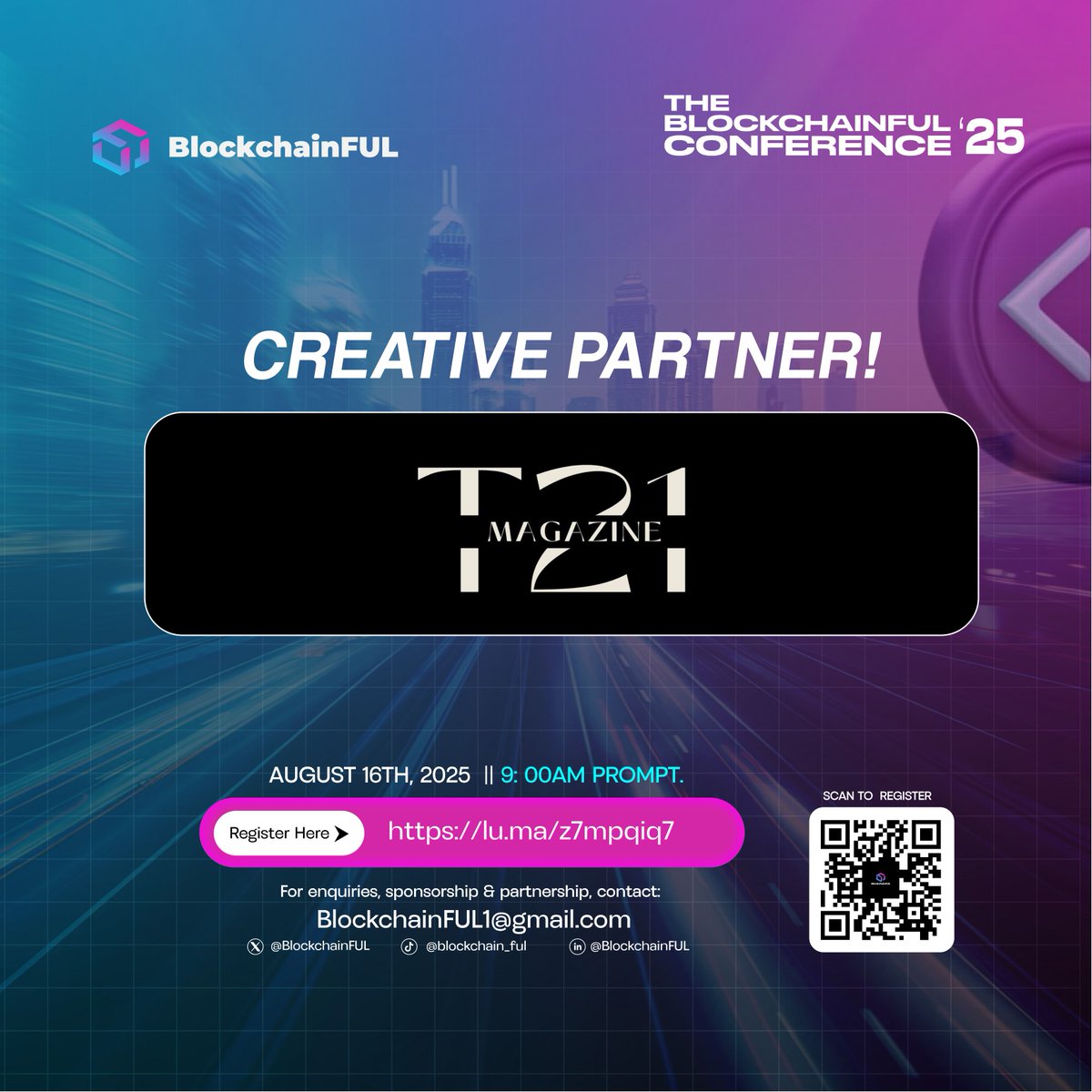 BlockchainFul's tweet photo. We're very excited to announce @t21magazine as our official Creative Partners for BlockchainFUL Conference 2.0.

THE 21ST (T21) is a creative house that discovers and develops the next generation of talent in fashion, music, media, and art. Rooted in African youth culture, turning fresh ideas into opportunities through talent management, bold visuals, and culture-driven events.

See you at the Conference!🌐