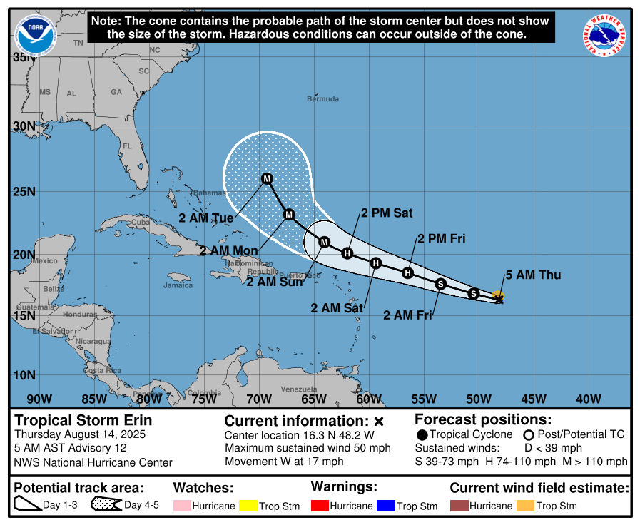 CycloforumsPR's tweet photo. [Tormenta Erin 5 PM]
El centro de la Tormenta se localizó cerca de la latitud 16.3 Norte, longitud 48.2 Oeste. Erin se está moviendo hacia el oeste cerca de 17 mph (28 km/h). Se espera que este movimiento general continúe hoy, con un movimiento oeste-noroeste que comienza esta noche y continúa hasta el fin de semana. En la trayectoria pronosticada, el centro de Erin es probable que se mueva cerca o justo al norte de las Islas de Sotavento del norte durante el fin de semana.

Los vientos máximos sostenidos están cerca de 50 mph (85 km/h) con ráfagas más altas. Se pronostica un fortalecimiento gradual hoy con una intensificación más significativa el viernes y el sábado.

Los vientos con fuerza de tormenta tropical se extienden hacia fuera hasta 60 millas (95 km) desde el centro.

La distancia de Fajardo a punto de trayectoria oficial es de 209.6 millas temprano el Domingo.
LMR