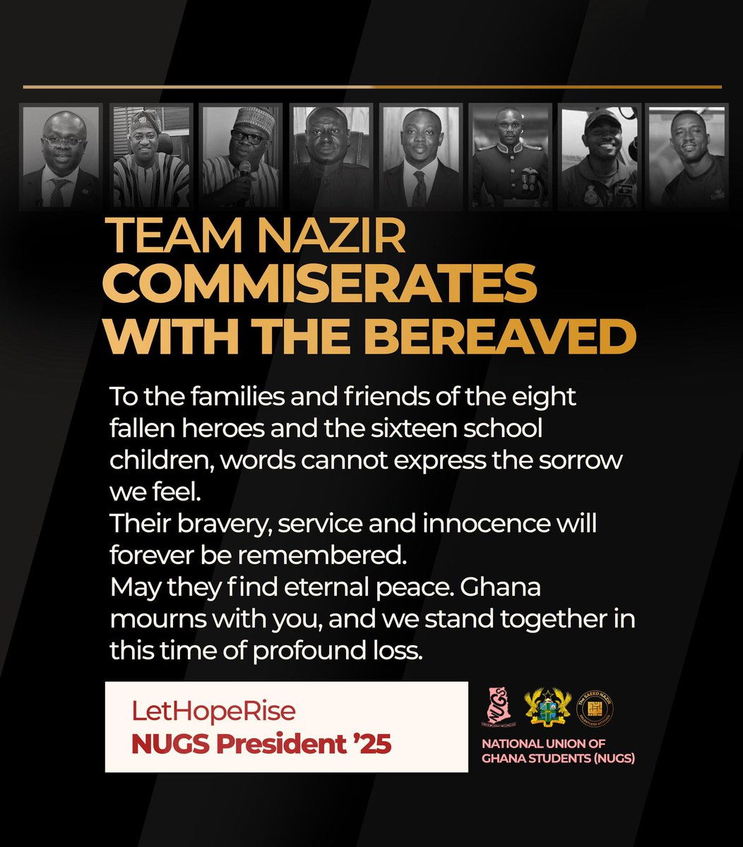 _Nazir1's tweet photo. Indeed, we belong to Allah, and indeed, to Him we will return.
May their Souls rest in perfect peace and may Allah grant them Jannah💐
Ghana will not forget🖤🇬🇭
#LetHopeRise #NUGS https://t.co/j1toohfeNh