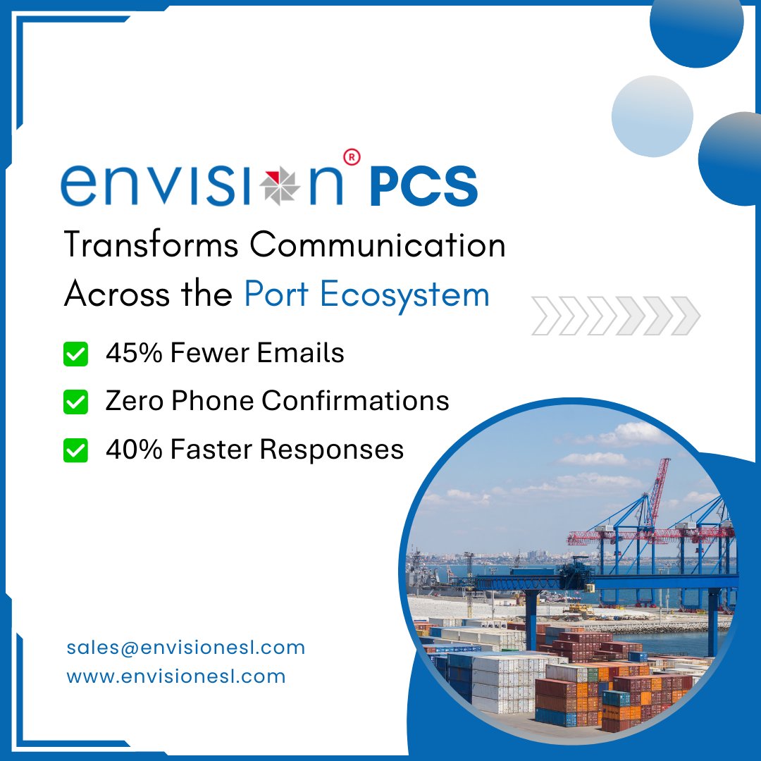 Envisionesl's tweet image. Envision PCS – Transforming Communication Across the Port Ecosystem

With Envision Port Community System, ports achieve:
⚡ 40% faster responses
📉 45% fewer emails
📞 Zero phone confirmations

#EnvisionPCS #PortTechnology #SmartPorts #MaritimeDigitalization #PortOperations
