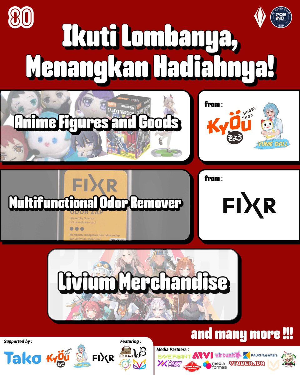 Project:LIVIUM | CF20 AB-39 😎 (@projectlivium) on Twitter photo 🔥 Ikuti Lombanya, Menangkan Hadiahnya! 🔥
Buat kalian yang ikutan lomba 17an di Livium Agustusan kalian berkesempatan memenangkan berbagai hadiah keren lho! Mulai dari figure, plushie, FIXR odor zap, dan berbagai kejutan seru lainnya! 🎁✨
LIVE dari <a href="/posind_kcpslipi/">KANTOR POS KCP SLIPI OCEANIA</a> 📮
(Jl. 🔥 Ikuti Lombanya, Menangkan Hadiahnya! 🔥
Buat kalian yang ikutan lomba 17an di Livium Agustusan kalian berkesempatan memenangkan berbagai hadiah keren lho! Mulai dari figure, plushie, FIXR odor zap, dan berbagai kejutan seru lainnya! 🎁✨
LIVE dari <a href="/posind_kcpslipi/">KANTOR POS KCP SLIPI OCEANIA</a> 📮
(Jl.