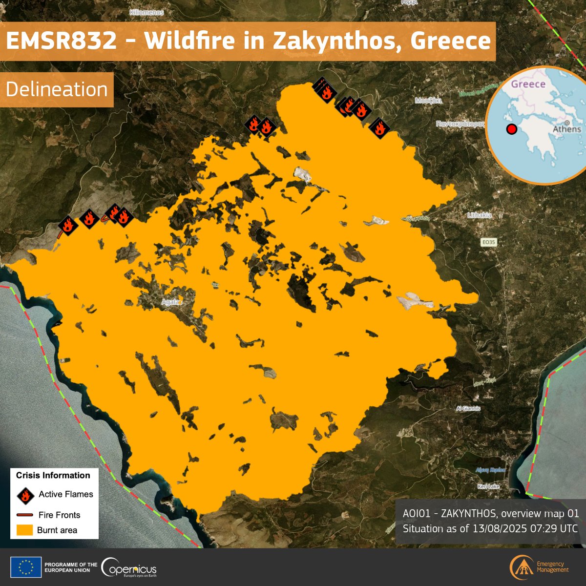 CopernicusEMS's tweet photo. 🔥 #EMSR832 – Wildfire in Zakynthos 🇬🇷

🛰️ Our rapid mapping shows ~2,294 ha burnt, 15 active flames, and ~150 people potentially affected.

Damage includes 3.7 ha of built-up area &amp; 74.5 km of roads.

More info: https://t.co/KiZRXFo9kC https://t.co/PZBlUOvOiX