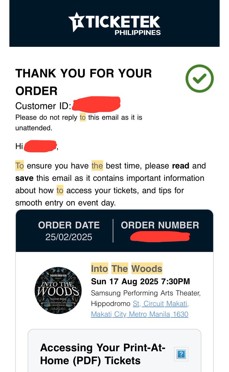 SELLING (1) INTO THE WOODS MUSICAL TICKET 🎟️

DATE: AUG 17, 2025 (Sunday) 7:30PM show
SEATS: E-Reserve (The Baker's House) Row N Seat 213
RFS: Schedule conflict with work and tbh, not interested to watch anymore. 

PM me for deets!