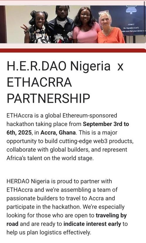 H.E.R. DAO Nigeria l 🇳🇬 (@herdaonigeria) on Twitter photo We’re putting together a team of passionate female builders to represent our community <a href="/ETHAccra/">ETHAccra</a> 
If you're a Dev, designer, product manager, researcher and  available to travel by road — we would love to have you on the team.
If interested, apply here: 
forms.gle/nqva8ExmQRAa9Q… We’re putting together a team of passionate female builders to represent our community <a href="/ETHAccra/">ETHAccra</a> 
If you're a Dev, designer, product manager, researcher and  available to travel by road — we would love to have you on the team.
If interested, apply here: 
forms.gle/nqva8ExmQRAa9Q…