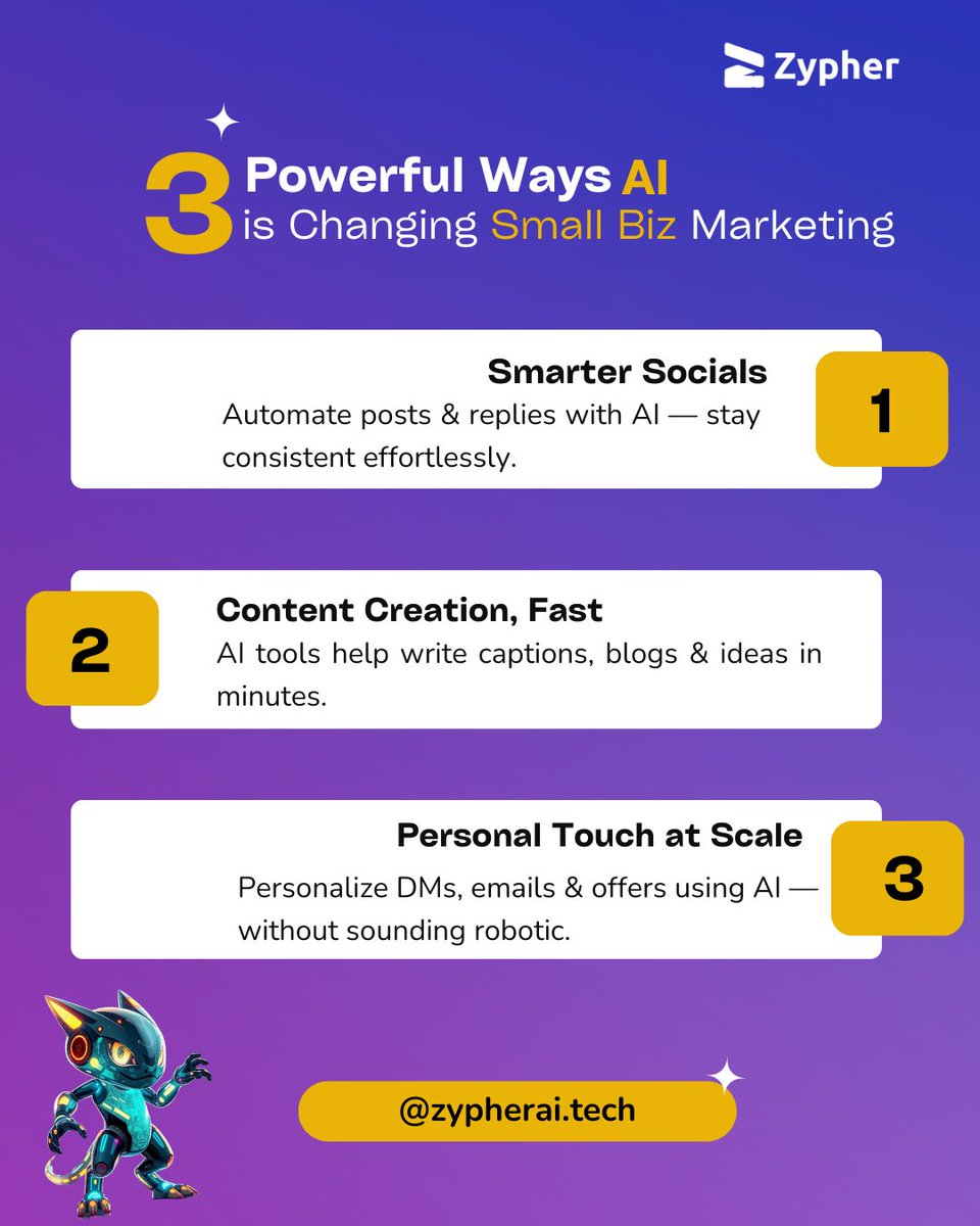 AI is reshaping small biz marketing 🚀
1️⃣ Automate socials
2️⃣ Create content fast
3️⃣ Personalize at scale
Time saved = growth gained.
#AIForBusiness #MarketingTips #ZypherAI