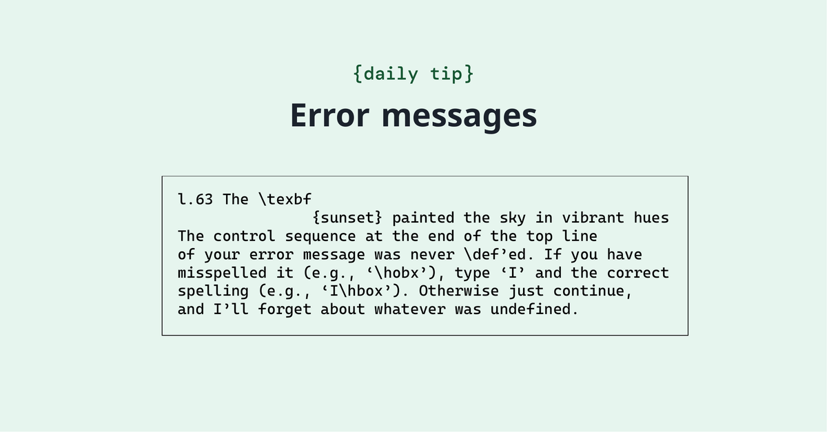 LaTeX error messages can sometimes be tricky to understand and fix. We've put together a list of common errors below, along with more information about what they mean and how to solve them. overleaf.com/learn/latex/Er…