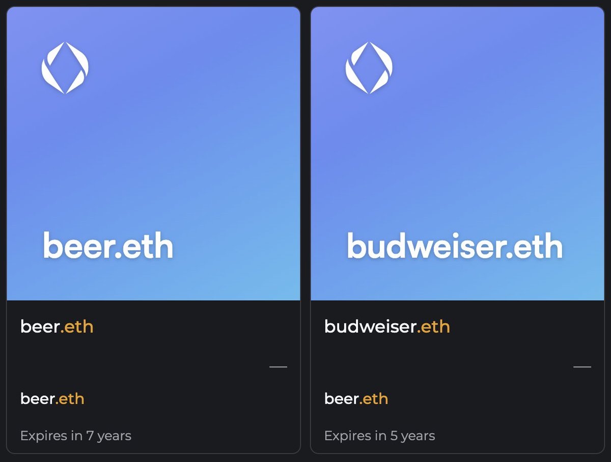 budweiser.eth registered for 3.77 ETH (18039.59 USD)

@Budweiserusa now owns ENS names Beer.eth &amp; Budweiser.eth.

Beer.eth was bought for 30 ETH 4 years ago. 👀🔥