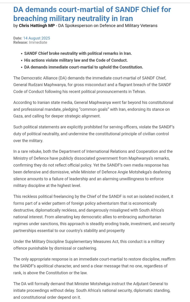 The DA has issued a statement calling for SANDF Chief General Rudzani Maphwanya to be court marshalled. Both the DIRCO and Defence minister have issued statements distancing themselves from the General's conduct.