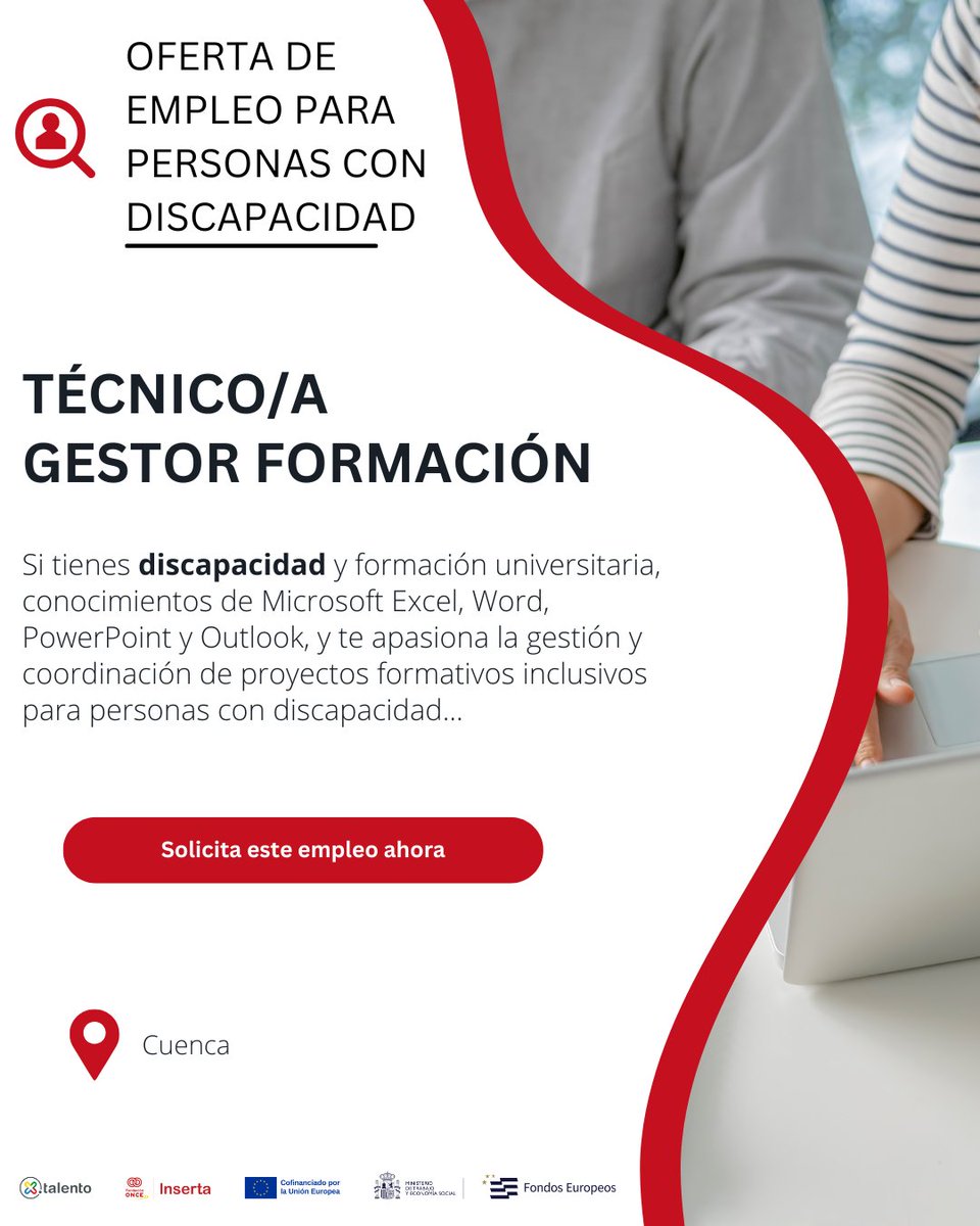 Por Talento (@portalento_) on Twitter photo 📢 #Empleo ¡Buscamos "Técnico/a gestor de formación" con #discapacidad en 📌 #Cuenca!
📎 En la web: hubs.ly/Q03CKkxJ0
✉️ En el email: igonzalez.inserta@fundaciononce.es 📢 #Empleo ¡Buscamos "Técnico/a gestor de formación" con #discapacidad en 📌 #Cuenca!
📎 En la web: hubs.ly/Q03CKkxJ0
✉️ En el email: igonzalez.inserta@fundaciononce.es