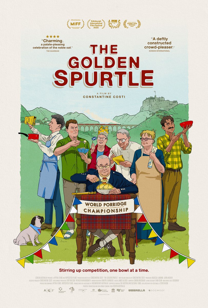 Dogwoof's tweet photo. Stirring up competition, one bowl at a time. 🏴󠁧󠁢󠁳󠁣󠁴󠁿 🥣 

In the Scottish Highlands, porridge is more than just breakfast. Meet the competitors battling to win the Golden Spurtle in the World Porridge Making Championships. 

Check out the brand new artwork for #TheGoldenSpurtle which is in UK cinemas 12 September.