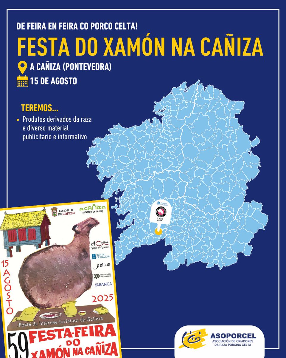 🐽😋 Xa estamos metidos de cheo nunha nova edición da Festa-Feira do Xamón na Cañiza. Nesta 59.ª edición contaremos con produtos derivados da nosa raza e tamén  con diverso material informativo e publicitario. Vémonos por alí! 📍😏

#PorcoCelta #InfinitasElaboracións
