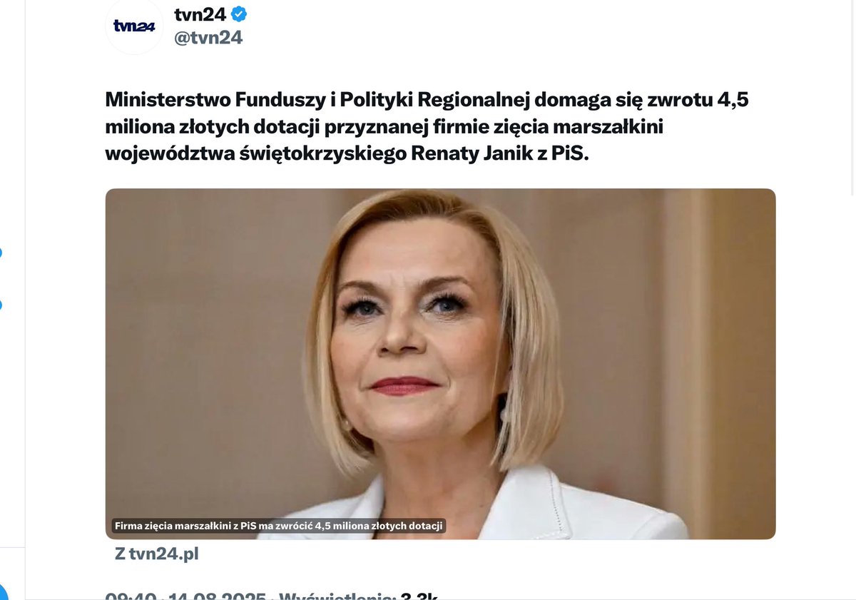 KPO 
Cwaniara 
marszałek  Janik planuje poddać pod głosowanie uchwałę,aby kwotę tę pokryć z budżetu województwa,czyli z pieniędzy podatników. Jest to absolutnie niedopuszczalne. Jeżeli bezpośrednim beneficjentem jest rodzina pani marszałek,to jej zięć powinni zwrócić te pieniądze