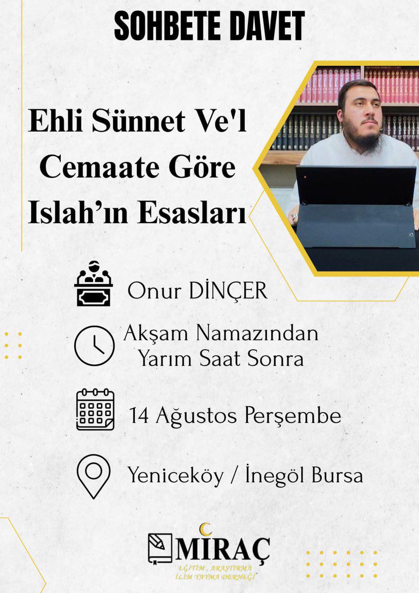 Bu akşam Bursa İnegöl Yeniceköy'de Miraçder Yenice  Derneğinde sohbetimiz olacaktır inşaallah. Bursa ve civarındaki kardeşlerimizi bekleriz.