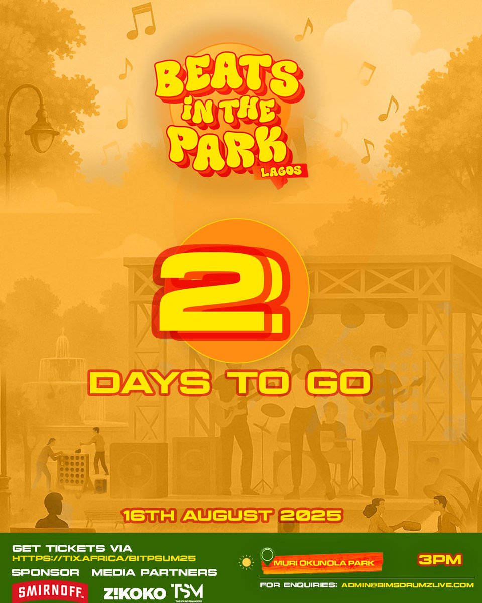 seethebeat_'s tweet photo. 2 days to go! The beats are getting louder, the park is calling. This is more than music  it’s a movement.

16th August, 3PM  Muri Okunola Park. Be there.!!

Tickets:- https://t.co/TmDaUbWLb4 https://t.co/9sP61qo9Q8