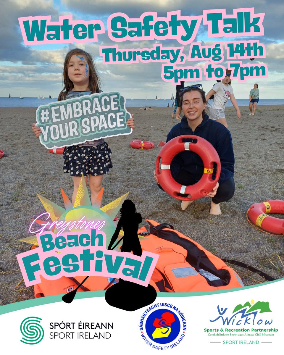 🌊 Join us for a Water Safety Talk! 🚨
📅 Thursday, August 14th
🕔 5PM – 7PM
📍 Greystones Beach Festival

Learn how to stay safe in and around water this summer! Whether you're a swimmer, paddleboarder, or beachgoer; this talk could save a life. 🛟💬