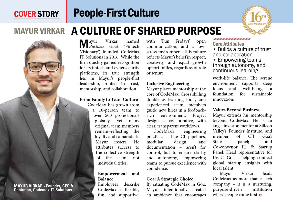 Culture isn’t something you create once; it’s something you keep showing up for.

At CodeMax, we’ve grown in size, but stayed rooted in what matters: trust, freedom, and people-first thinking. Reflections in this month’s Business Goa.

#CodeMax #Leadership #BusinessGoaTurns16