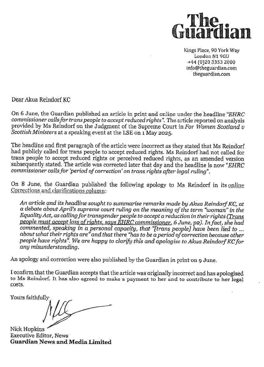 Akua Reindorf KC (@akuareindorf) on Twitter photo With the invaluable assistance of <a href="/MLewisLawyer/">Mark Lewis</a> of @PatronLaw & Beth Grossman of <a href="/DoughtyStreet/">Doughty Street Chambers</a>, I’ve reached settlement with <a href="/guardian/">The Guardian</a> in relation to an article written about me by <a href="/peterwalker99/">Peter Walker</a>, published on 6 June 2025, which was incorrect as admitted in this statement ⬇️ With the invaluable assistance of <a href="/MLewisLawyer/">Mark Lewis</a> of @PatronLaw & Beth Grossman of <a href="/DoughtyStreet/">Doughty Street Chambers</a>, I’ve reached settlement with <a href="/guardian/">The Guardian</a> in relation to an article written about me by <a href="/peterwalker99/">Peter Walker</a>, published on 6 June 2025, which was incorrect as admitted in this statement ⬇️