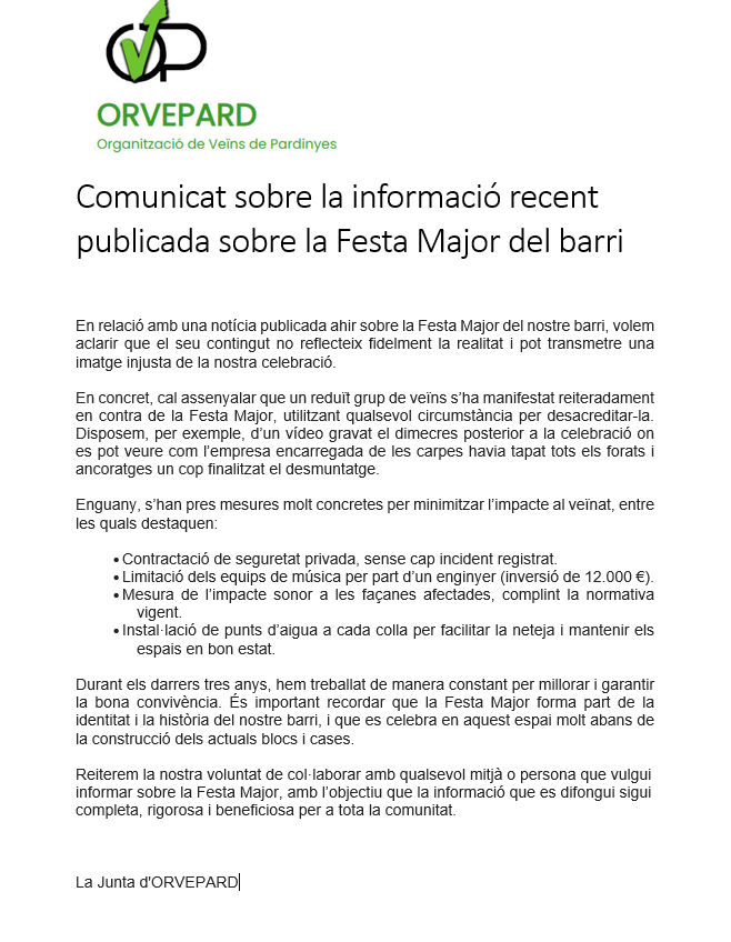 veinspardinyes's tweet photo. La Festa Major és tradició i convivència.
Davant d’algunes informacions publicades, aclarim els fets al nostre comunicat.
#FestaMajor #ORVEPARD #Pardinyes #lleida https://t.co/P6WnpdeRm1