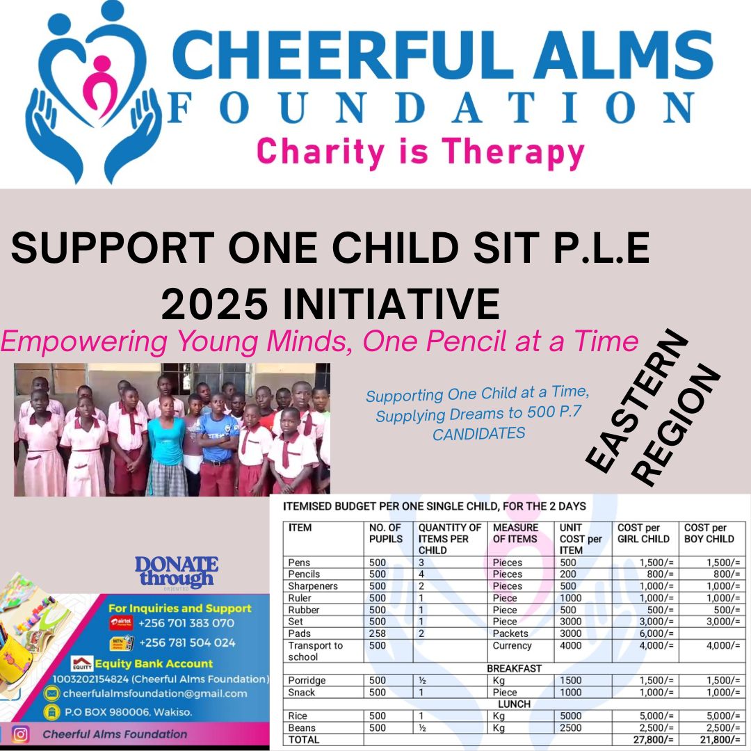 CheerfulAlms's tweet photo. Empower one child's education future. Join our initiative to provide essential school tools to 500 disadvantaged children enabling them sit PLE 2025, a critical foundation level in education sector.Donate, volunteer, or share across #EmpoweringYoungMinds #Education4All https://t.co/G6mG2NUOUf